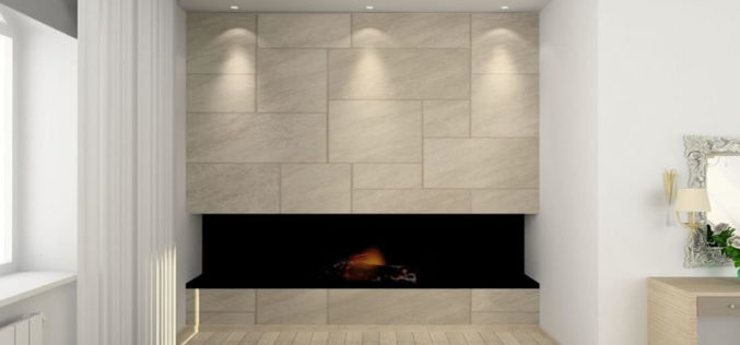 Stone Panel Fireplace with Black Hearth
