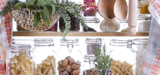 Small Decorative Pantry Shelving Containing What’s Necessary to Cook