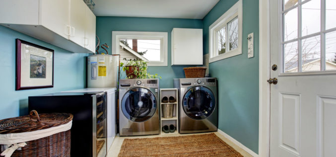 Light Blue Laundry Room With Modern Laundry Appliances
