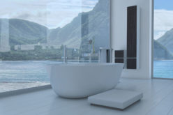 Bathroom Interior With French Windows and Scenic View