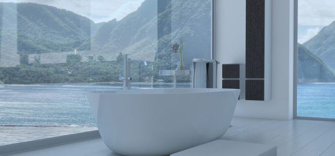 Bathroom Interior With French Windows and Scenic View