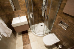 View From the Top of Small Bathroom with Basin, Toilet and Shower