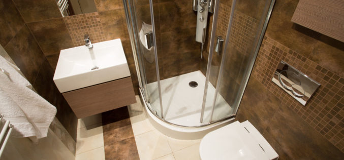 View From the Top of Small Bathroom with Basin, Toilet and Shower