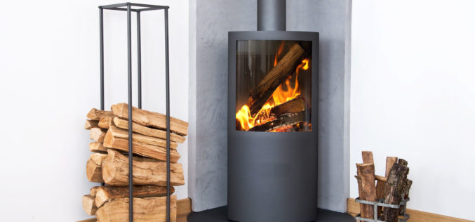 Modern Wood Burning Stove Tucked in Room Corner