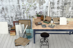 Work Studio With Wood Table Against Patterned Grey Wall