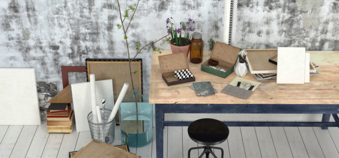 Work Studio With Wood Table Against Patterned Grey Wall