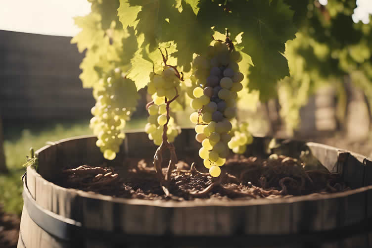 growing grapes in wine barrels